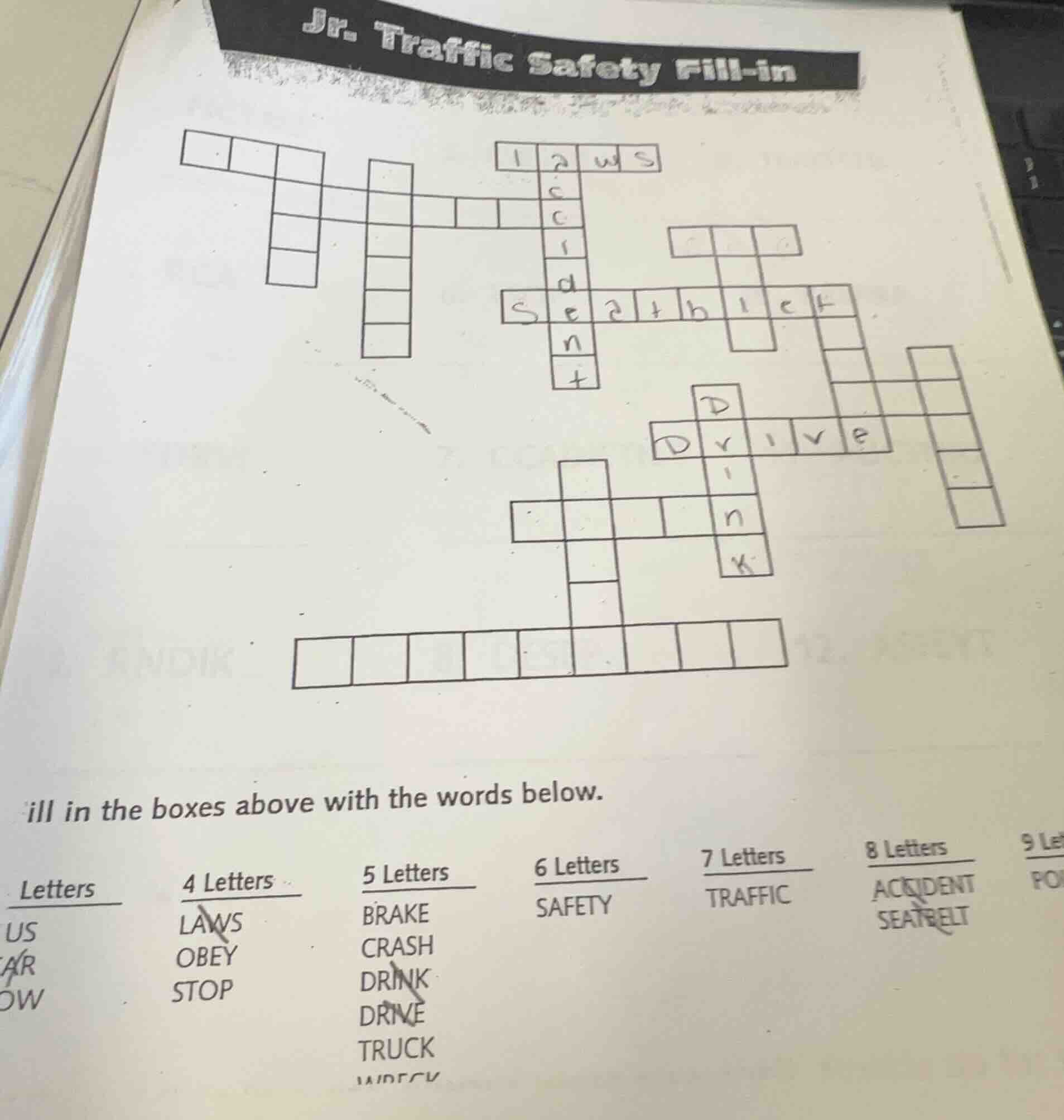 jr. traffic safety fill-in fill in the boxes above with the words below…