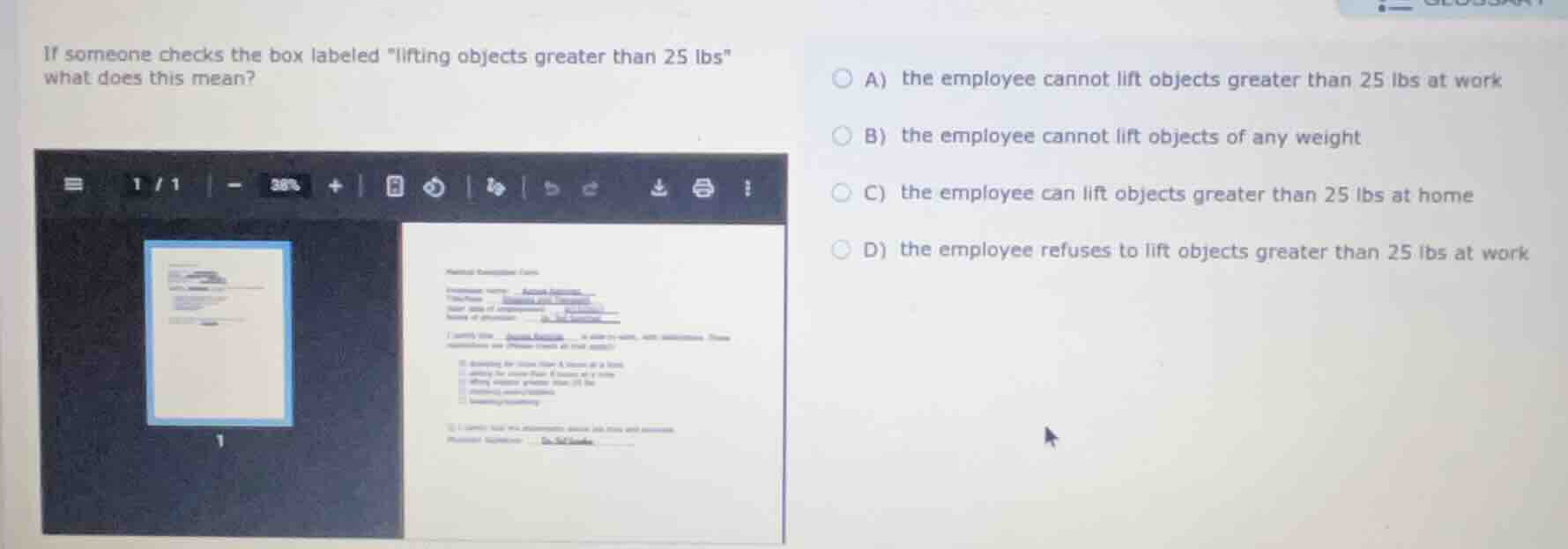 if someone checks the box labeled \lifting objects greater than 25 lbs\…