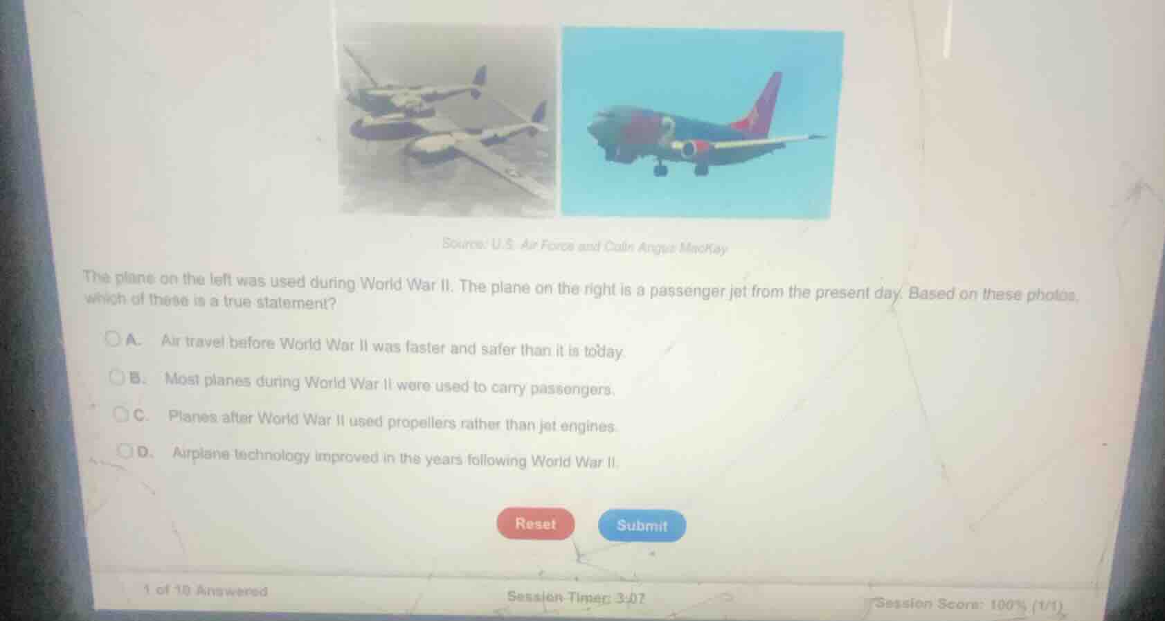 the plane on the left was used during world war ii. the plane on the ri…