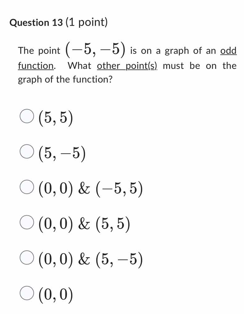 question 13 (1 point) the point \\((-5, -5)\\) is on a graph of an odd …