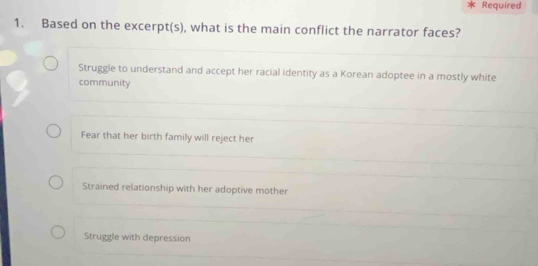 1. based on the excerpt(s), what is the main conflict the narrator face…