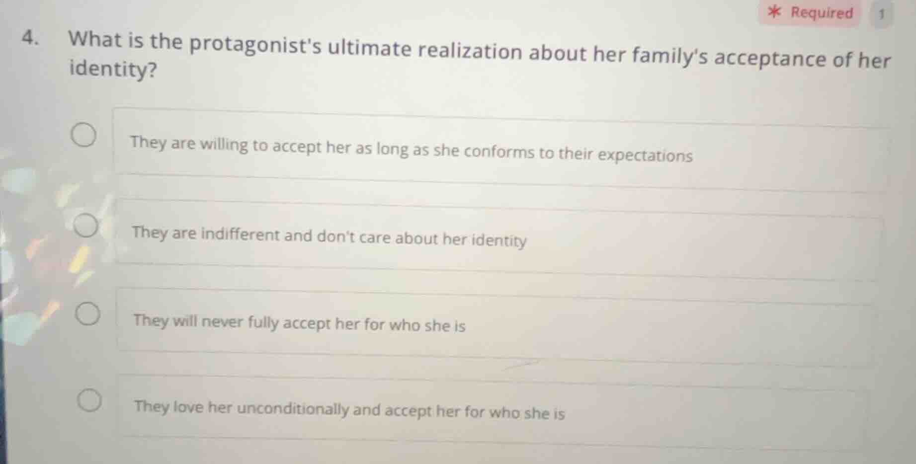 4. what is the protagonists ultimate realization about her familys acce…