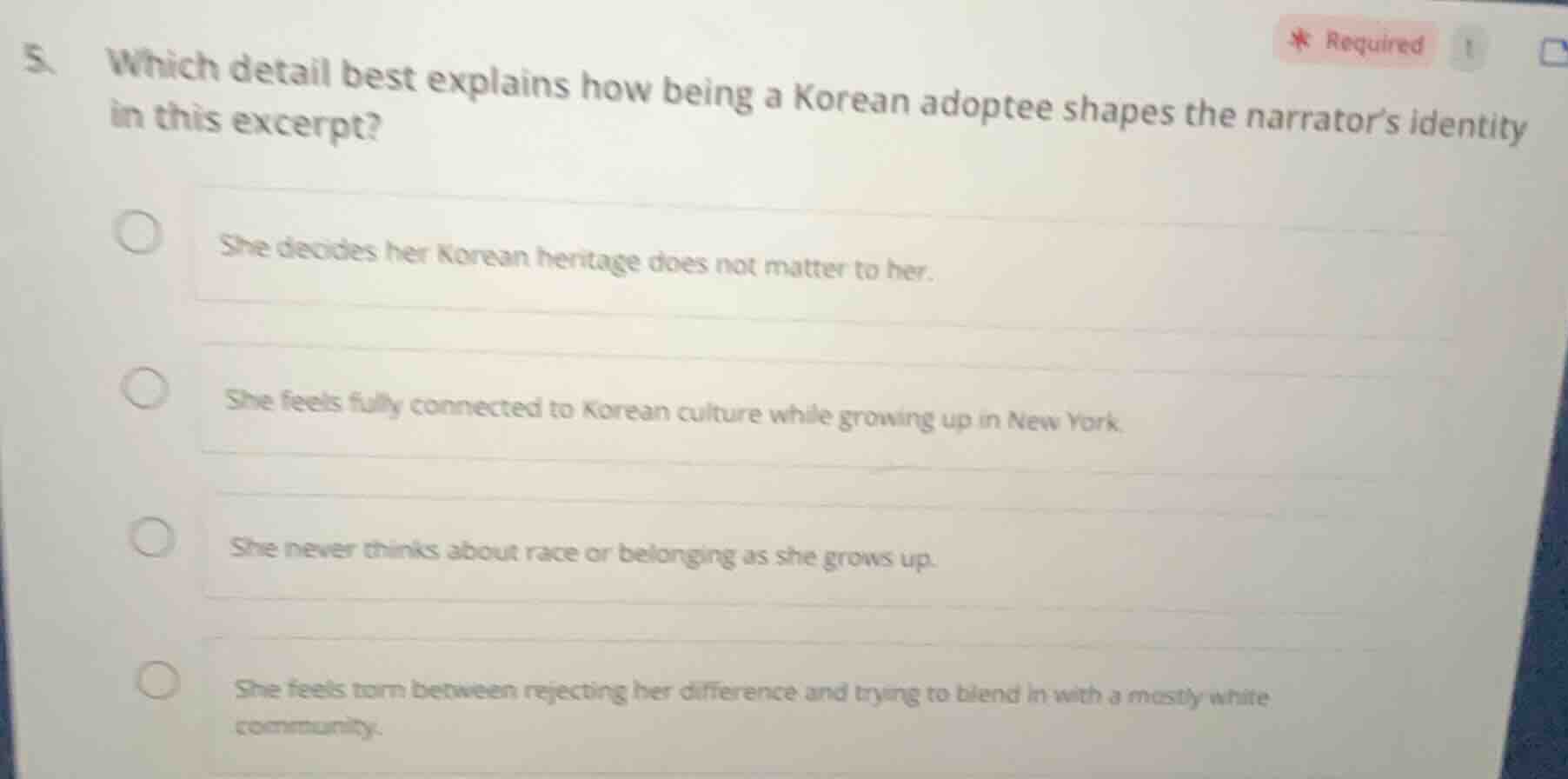 5. which detail best explains how being a korean adoptee shapes the nar…