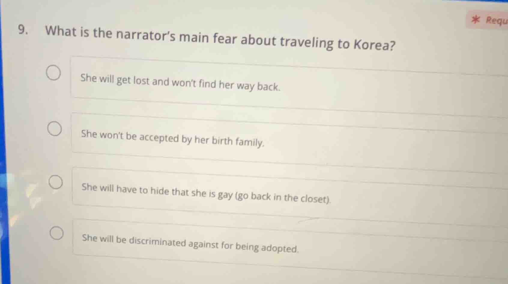9. what is the narrators main fear about traveling to korea? she will g…