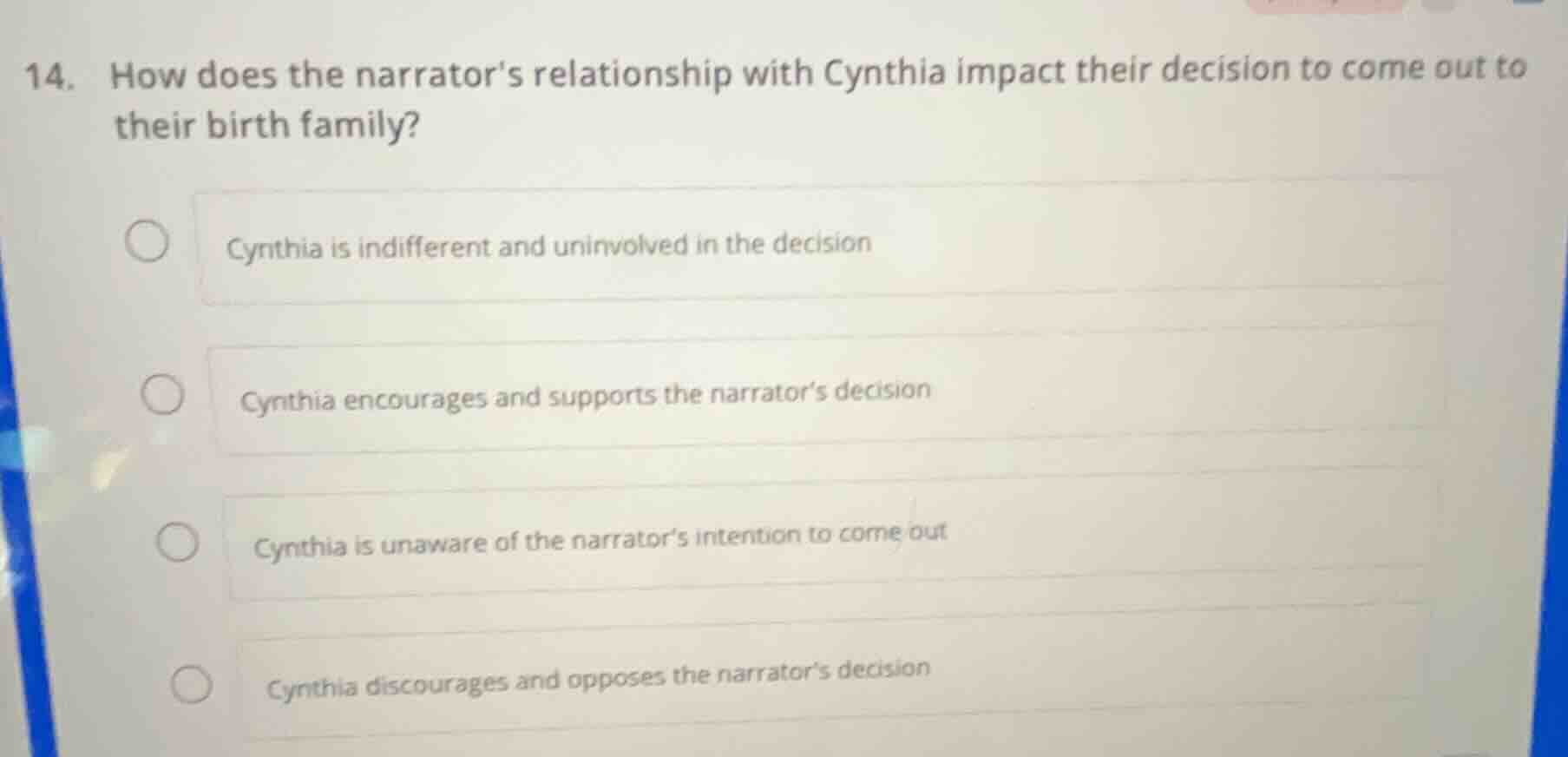 14. how does the narrators relationship with cynthia impact their decis…
