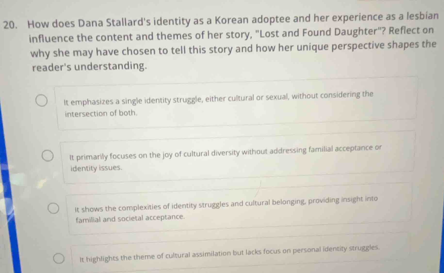 20. how does dana stallards identity as a korean adoptee and her experi…