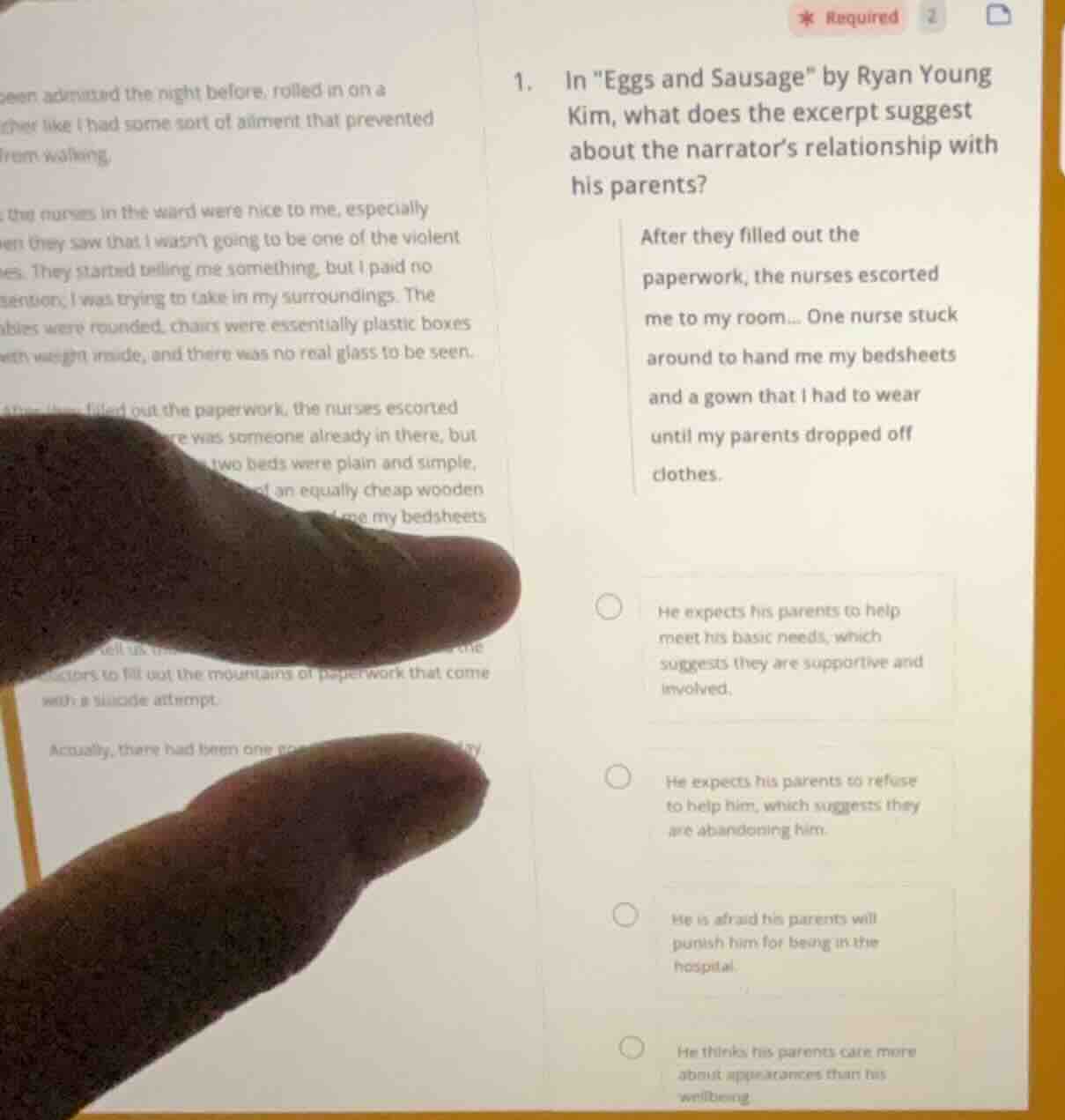1. in \eggs and sausage\ by ryan young kim, what does the excerpt sugge…