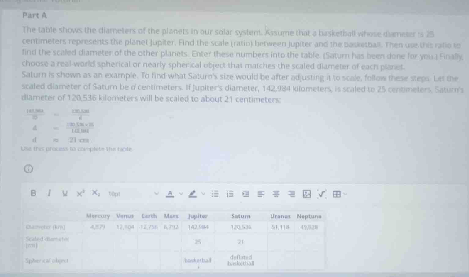 part a the table shows the diameters of the planets in our solar system…