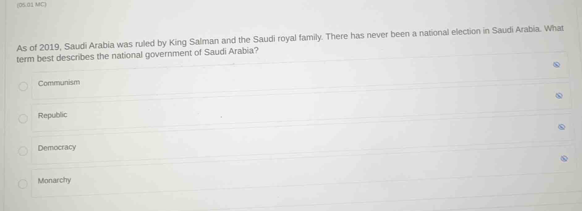 (05.01 mc) as of 2019, saudi arabia was ruled by king salman and the sa…
