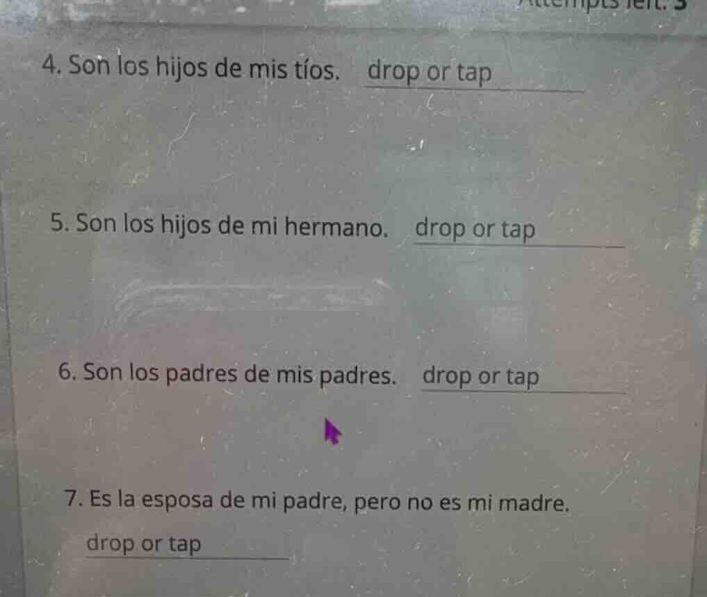 4. son los hijos de mis tíos. drop or tap 5. son los hijos de mi herman…