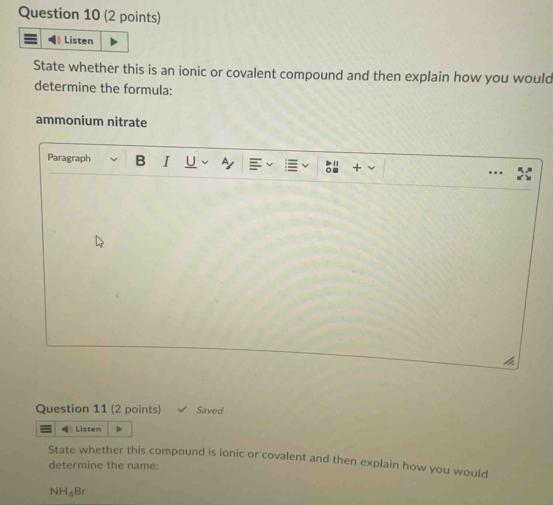 question 10 (2 points) state whether this is an ionic or covalent compo…