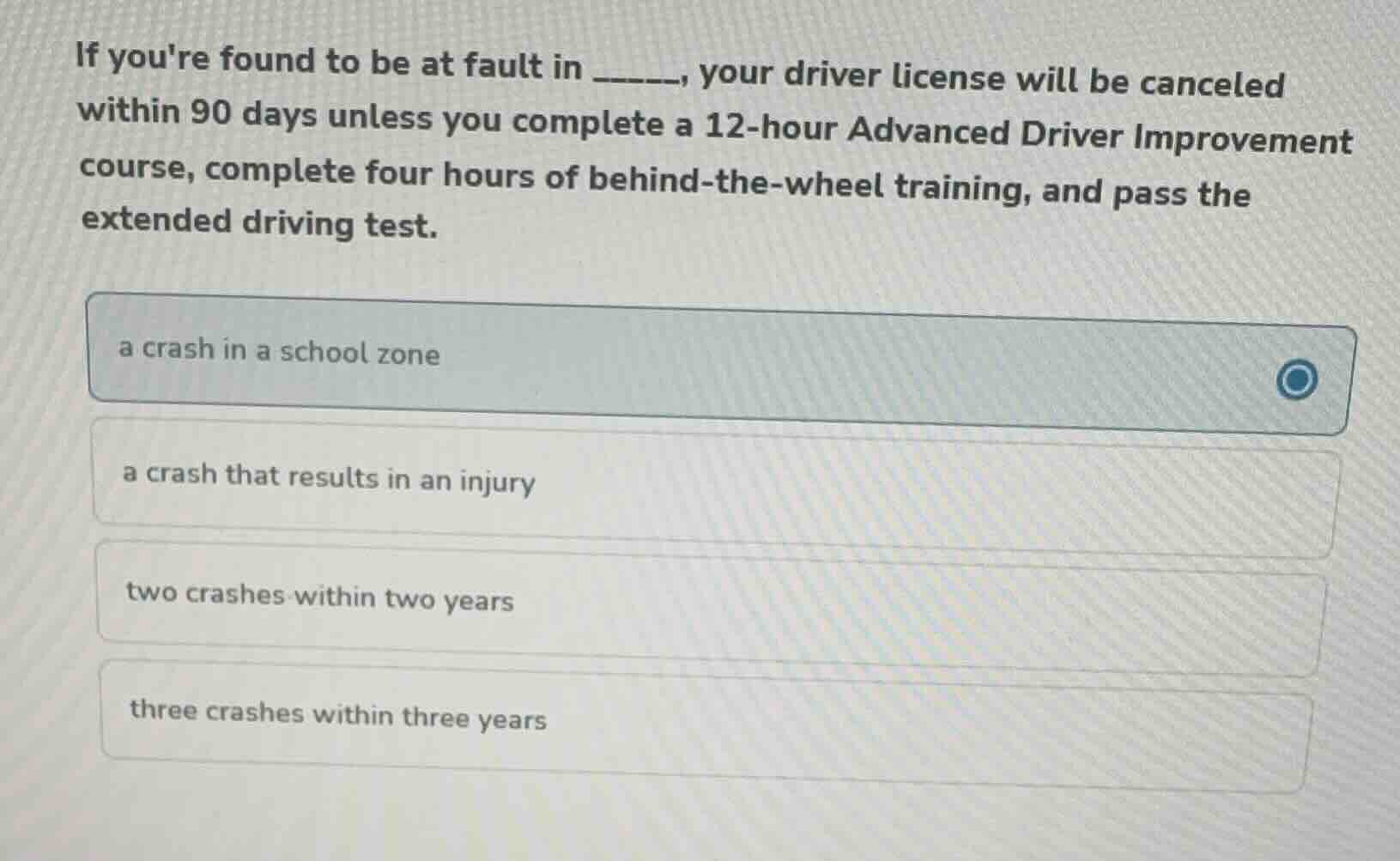 if youre found to be at fault in _____, your driver license will be can…