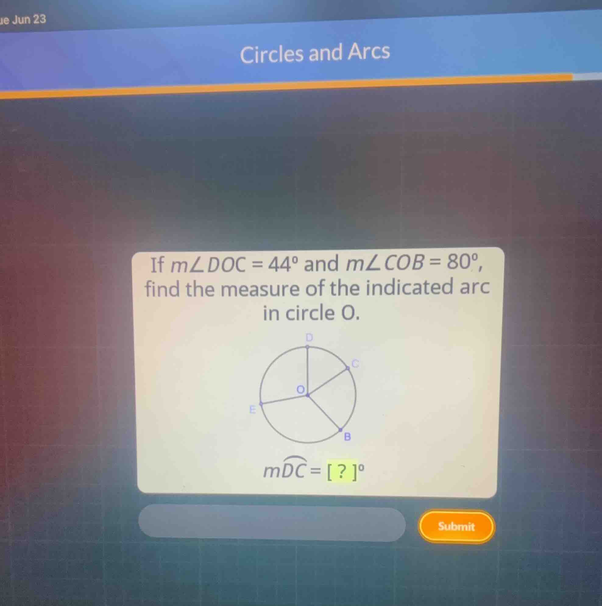 if \\(m\\angle doc = 44^{\\circ}\\) and \\(m\\angle cob = 80^{\\circ}\\…