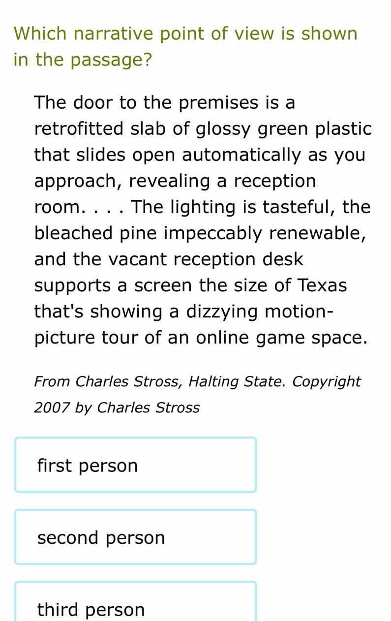 which narrative point of view is shown in the passage? the door to the …