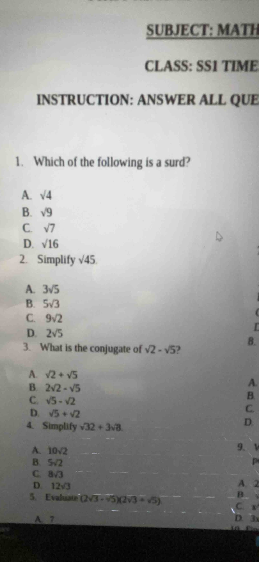 subject: math class: ss1 time instruction: answer all que 1. which of t…