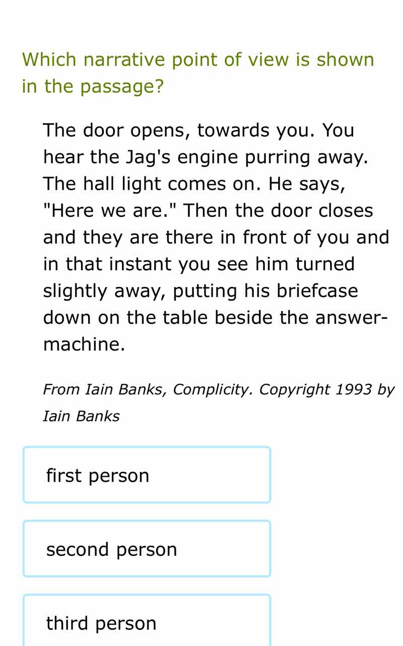 which narrative point of view is shown in the passage? the door opens, …