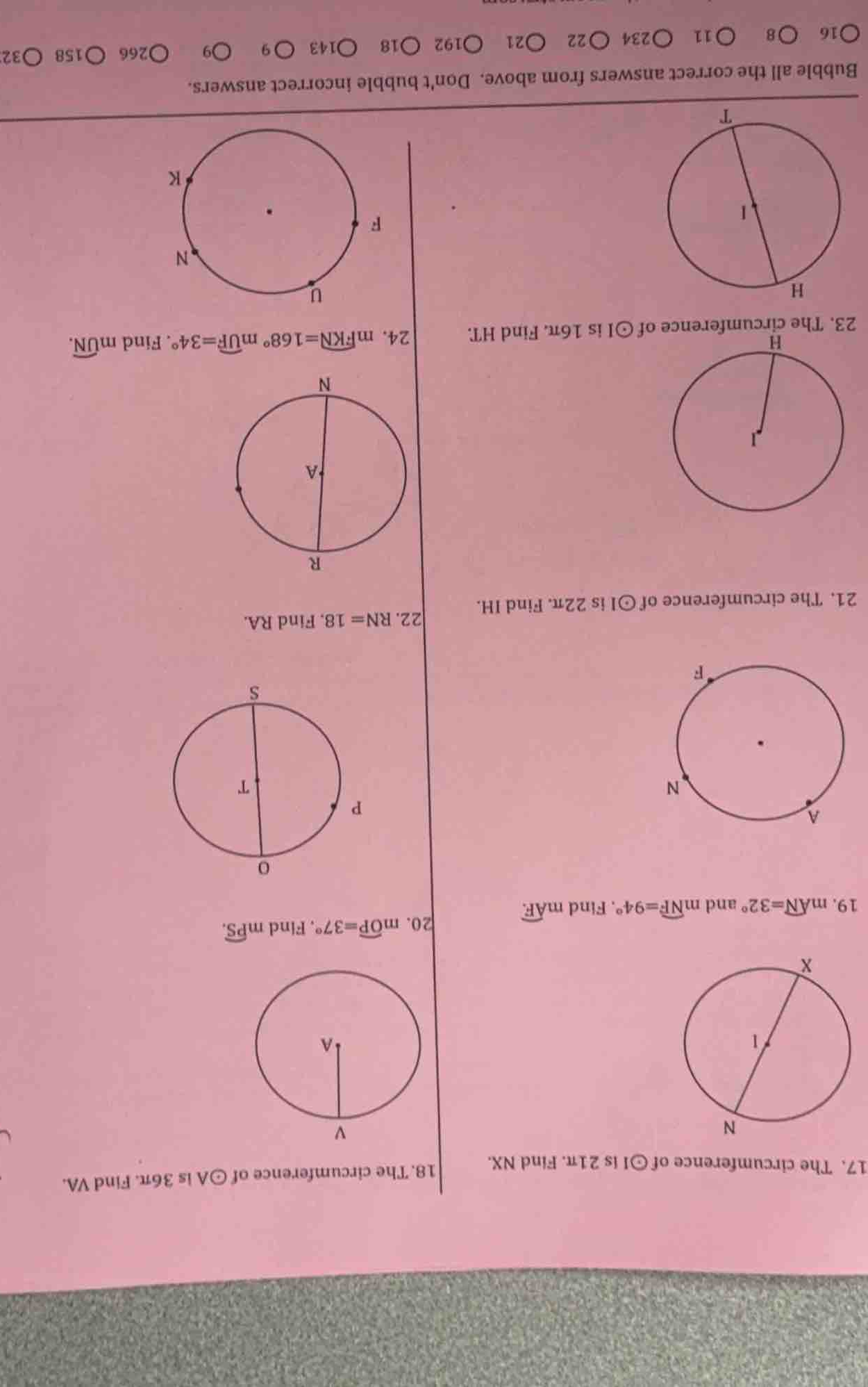 17. the circumference of \\(\\odot i\\) is \\(21\\pi\\). find \\(nx\\).…
