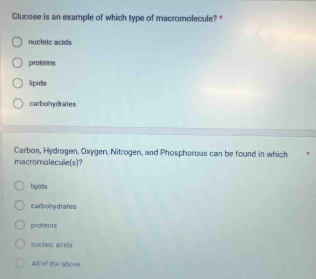 glucose is an example of which type of macromolecule? * nucleic acids p…