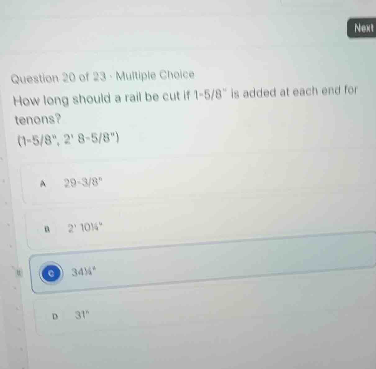 question 20 of 23 - multiple choice how long should a rail be cut if 1-…