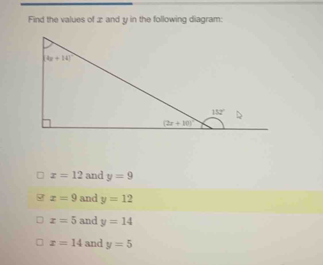 find the values of (x) and (y) in the following diagram: - (x = 12) and…