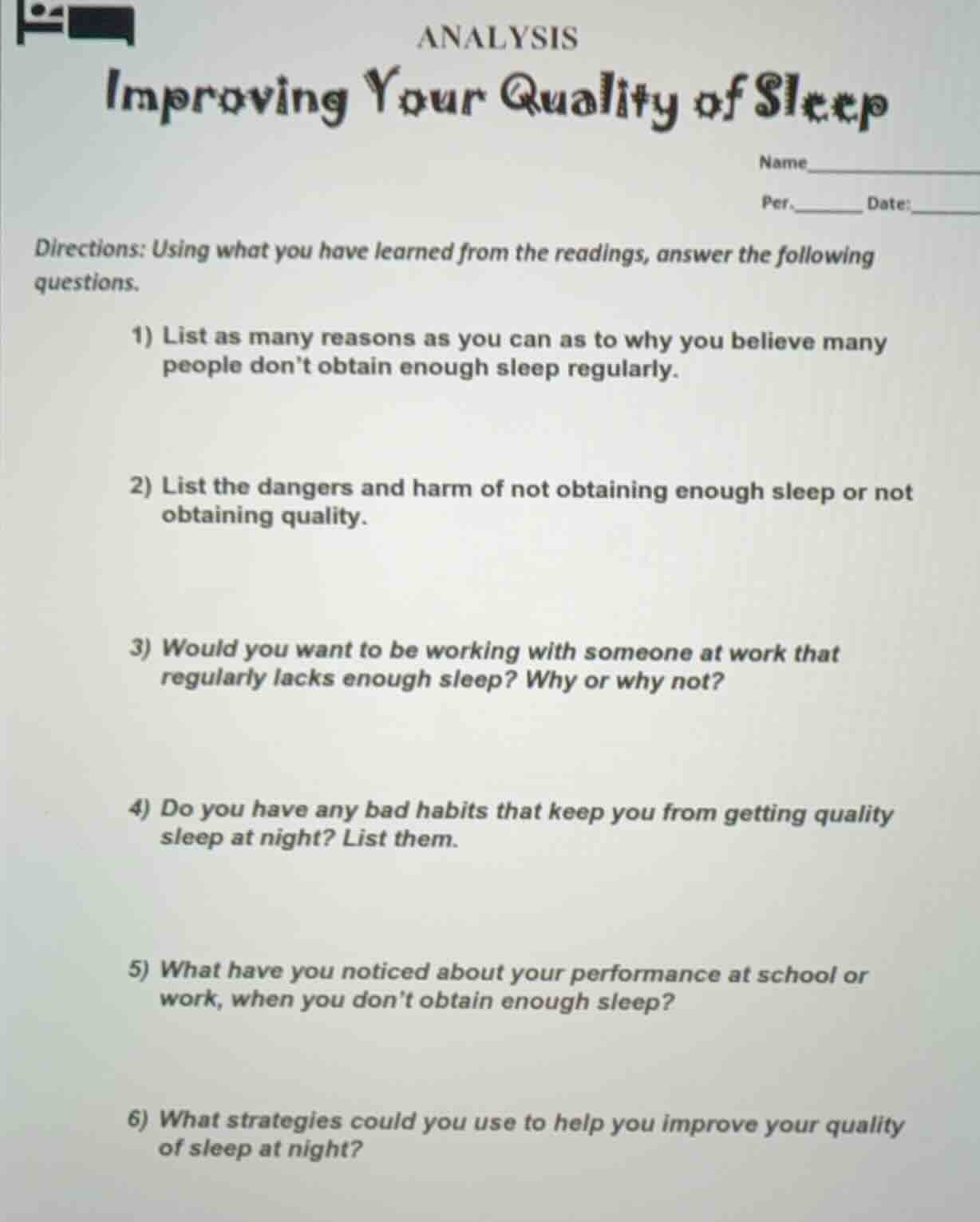 analysis improving your quality of sleep name per. date: directions: us…