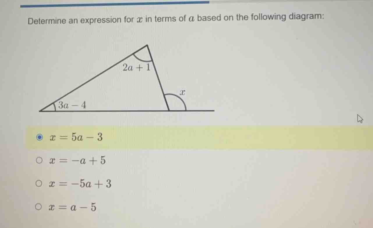 determine an expression for \\(x\\) in terms of \\(a\\) based on the fo…