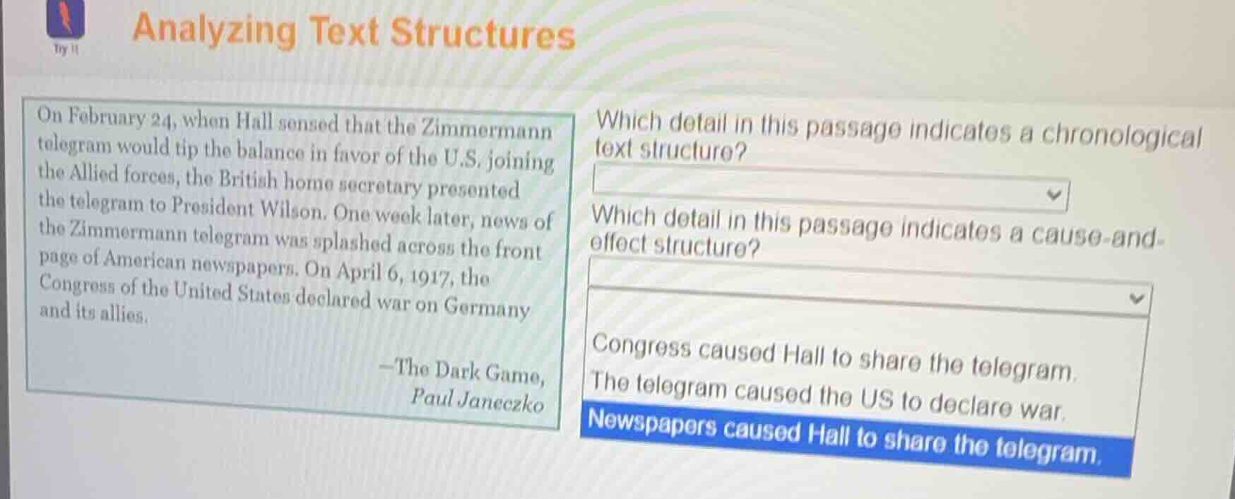 analyzing text structures on february 24, when hall sensed that the zim…