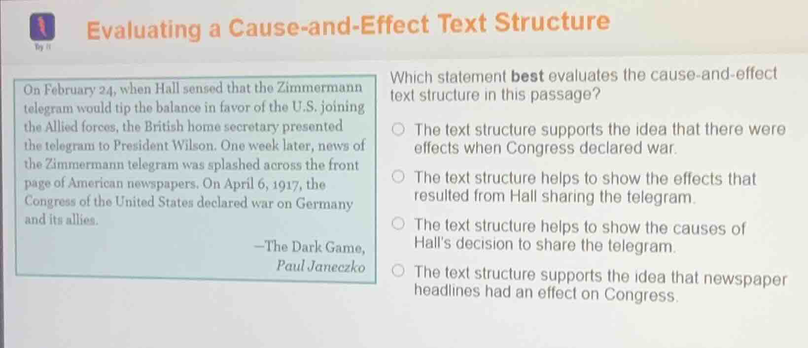 evaluating a cause-and-effect text structure on february 24, when hall …