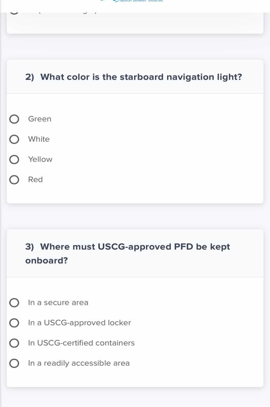 2) what color is the starboard navigation light? - green - white - yell…