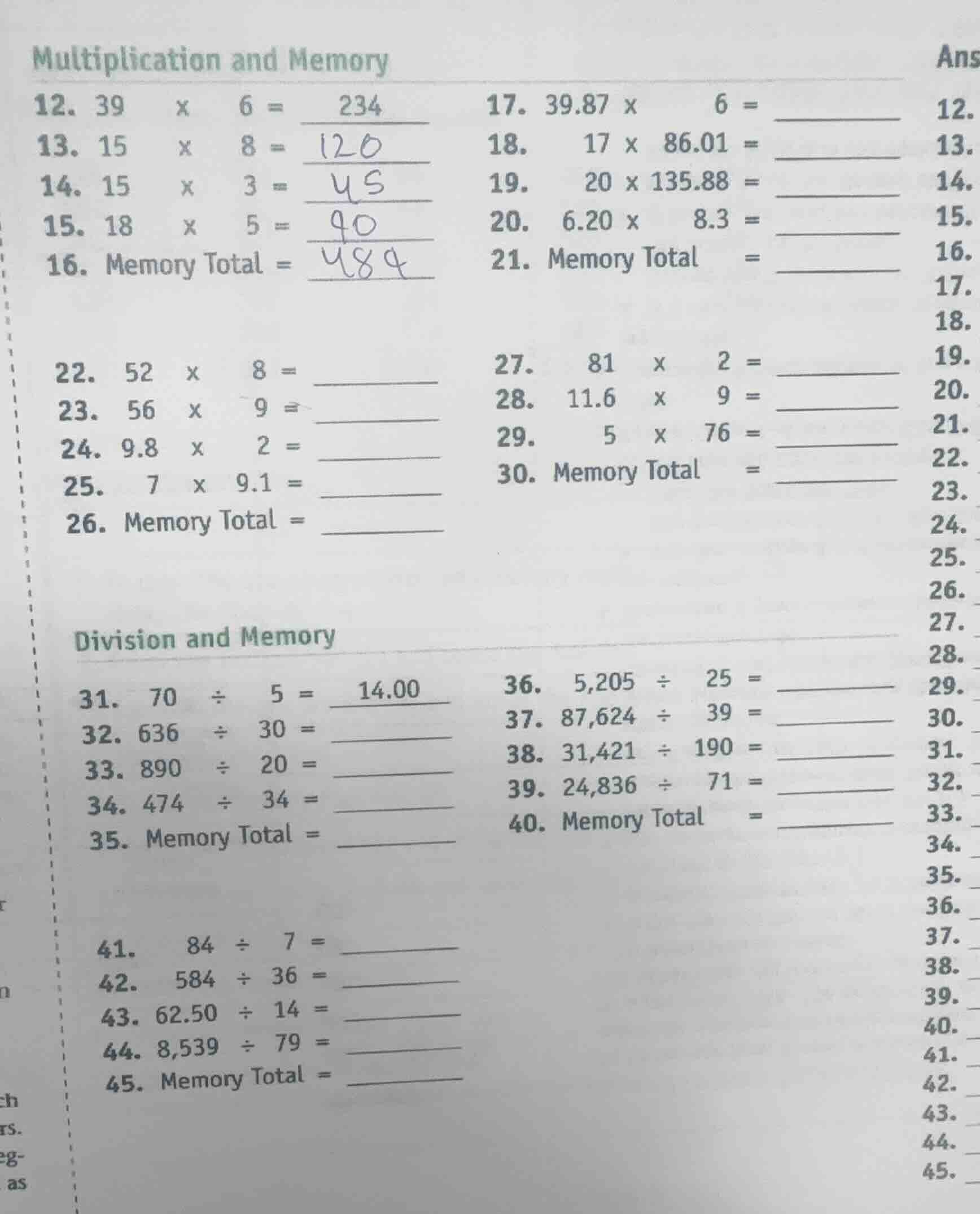 multiplication and memory 12. \\(39 \\times 6 = 234\\) 13. \\(15 \\time…