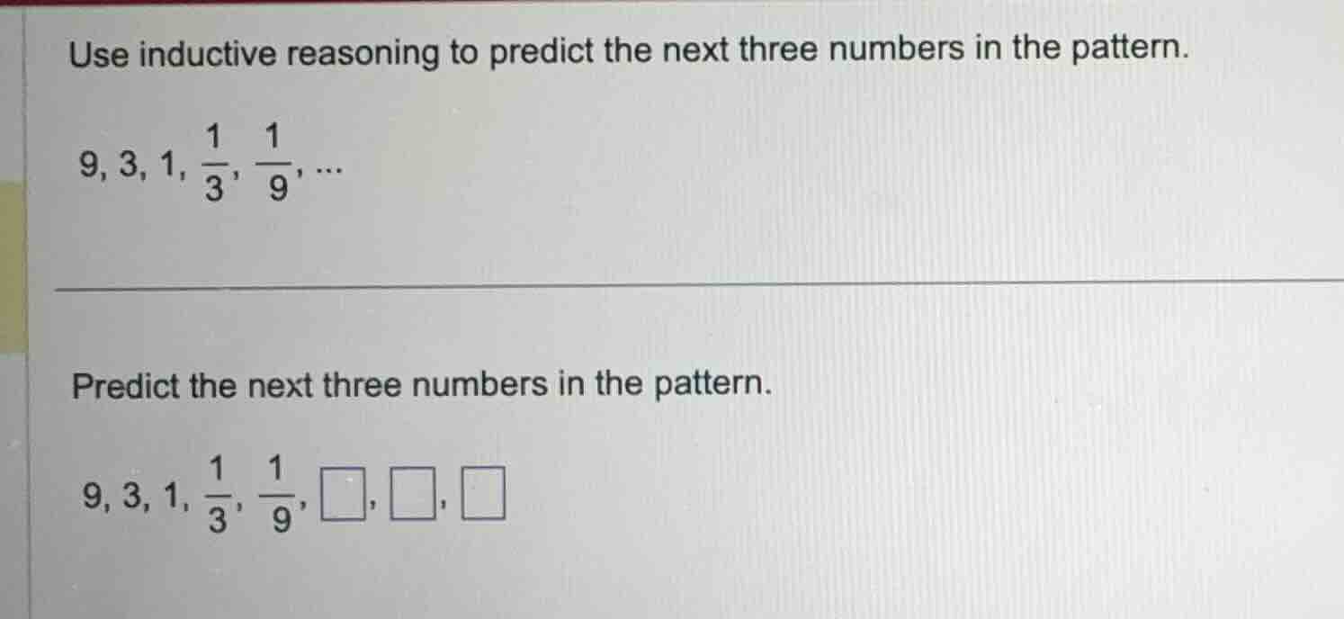 use inductive reasoning to predict the next three numbers in the patter…