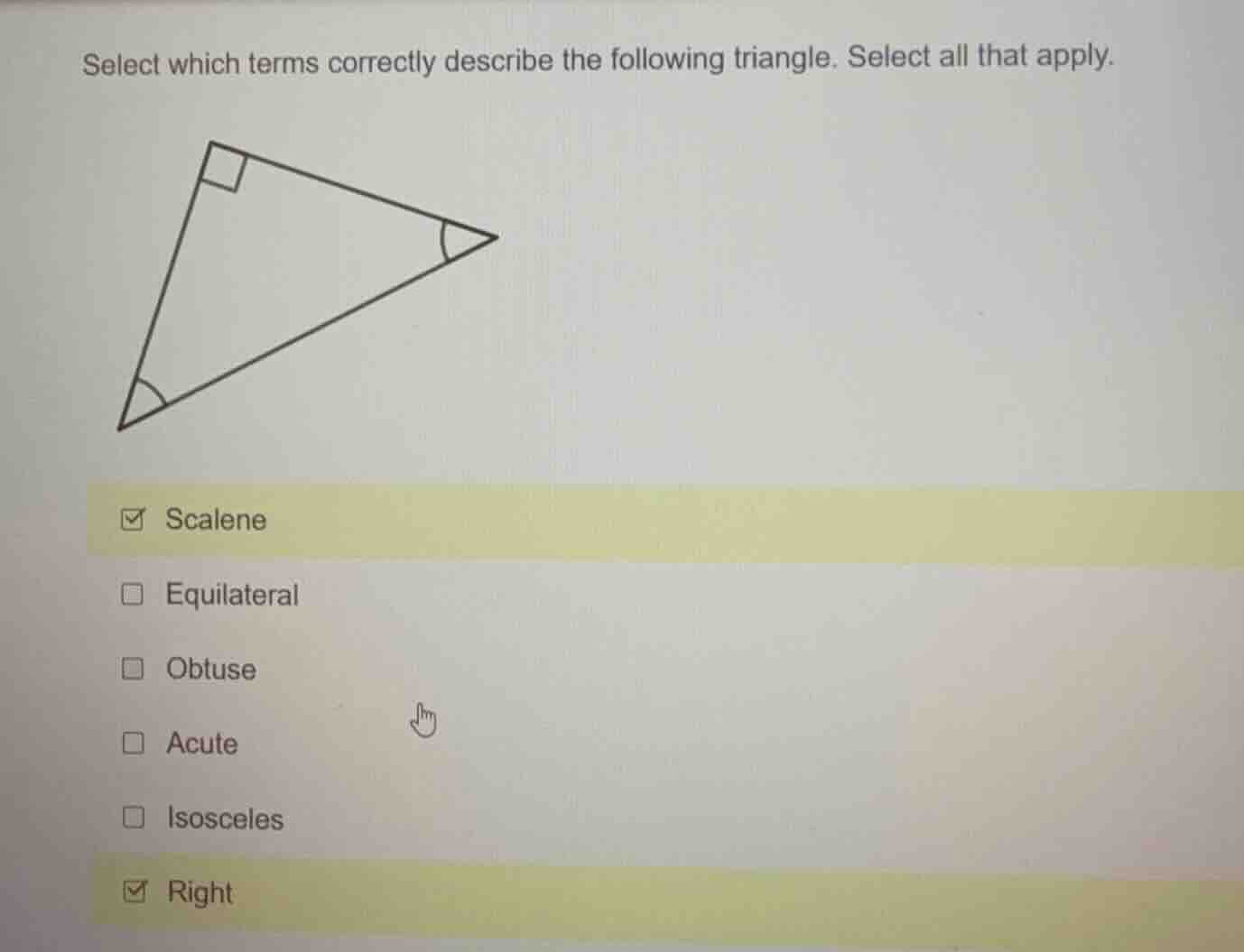 select which terms correctly describe the following triangle. select al…