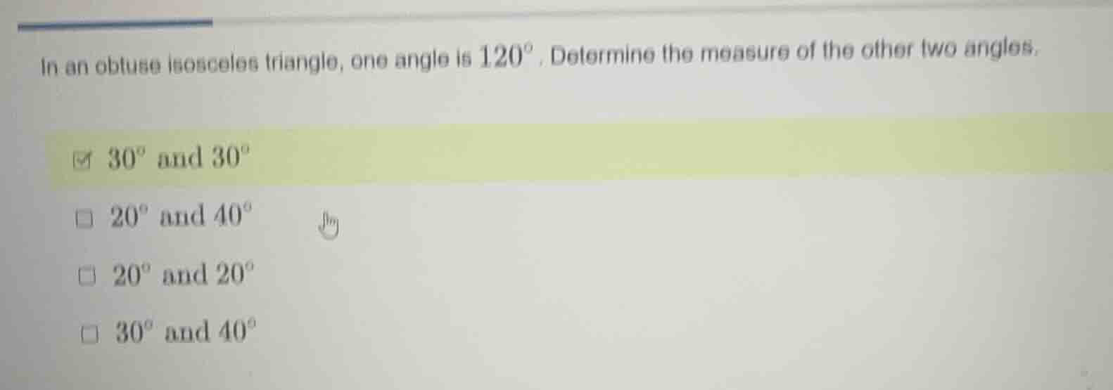 in an obtuse isosceles triangle, one angle is \\(120^{\\circ}\\). deter…