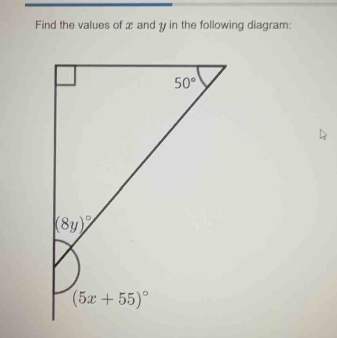 find the values of \\(x\\) and \\(y\\) in the following diagram: