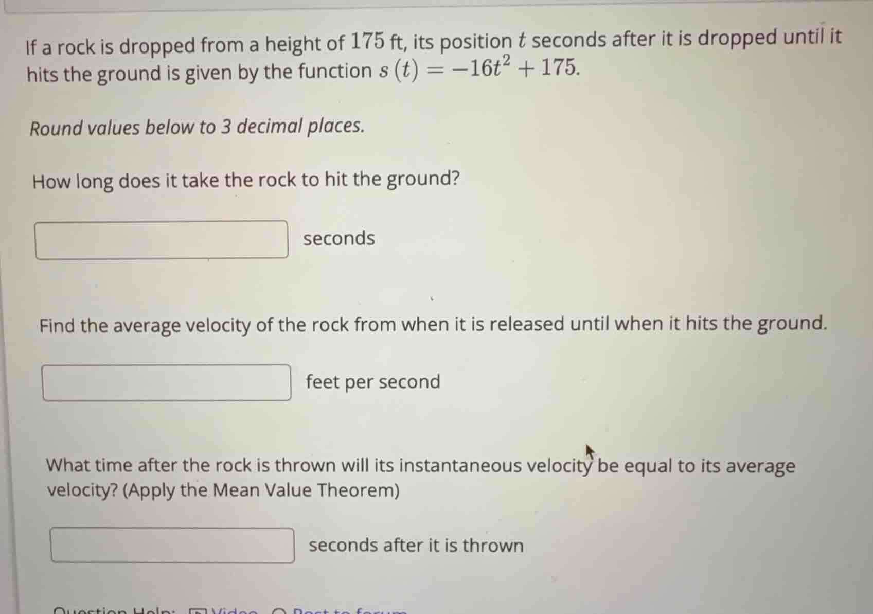 if a rock is dropped from a height of 175 ft, its position \\(t\\) seco…