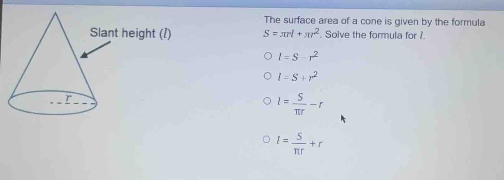 the surface area of a cone is given by the formula \\(s = \\pi r l + \\…