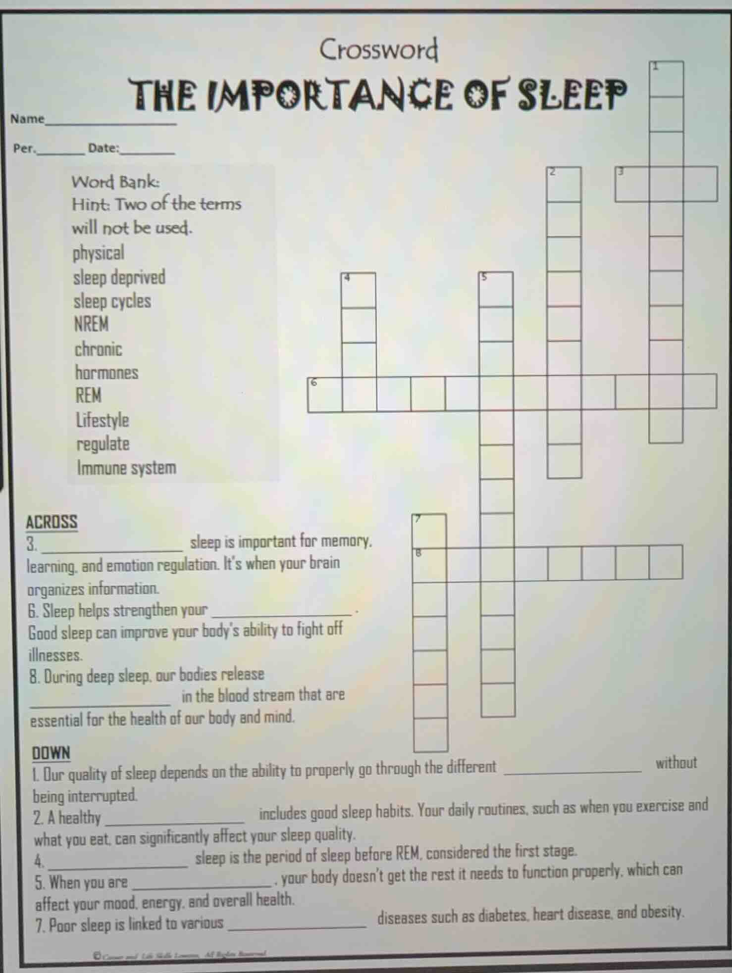 crossword the importance of sleep name per. date: word bank: hint: two …