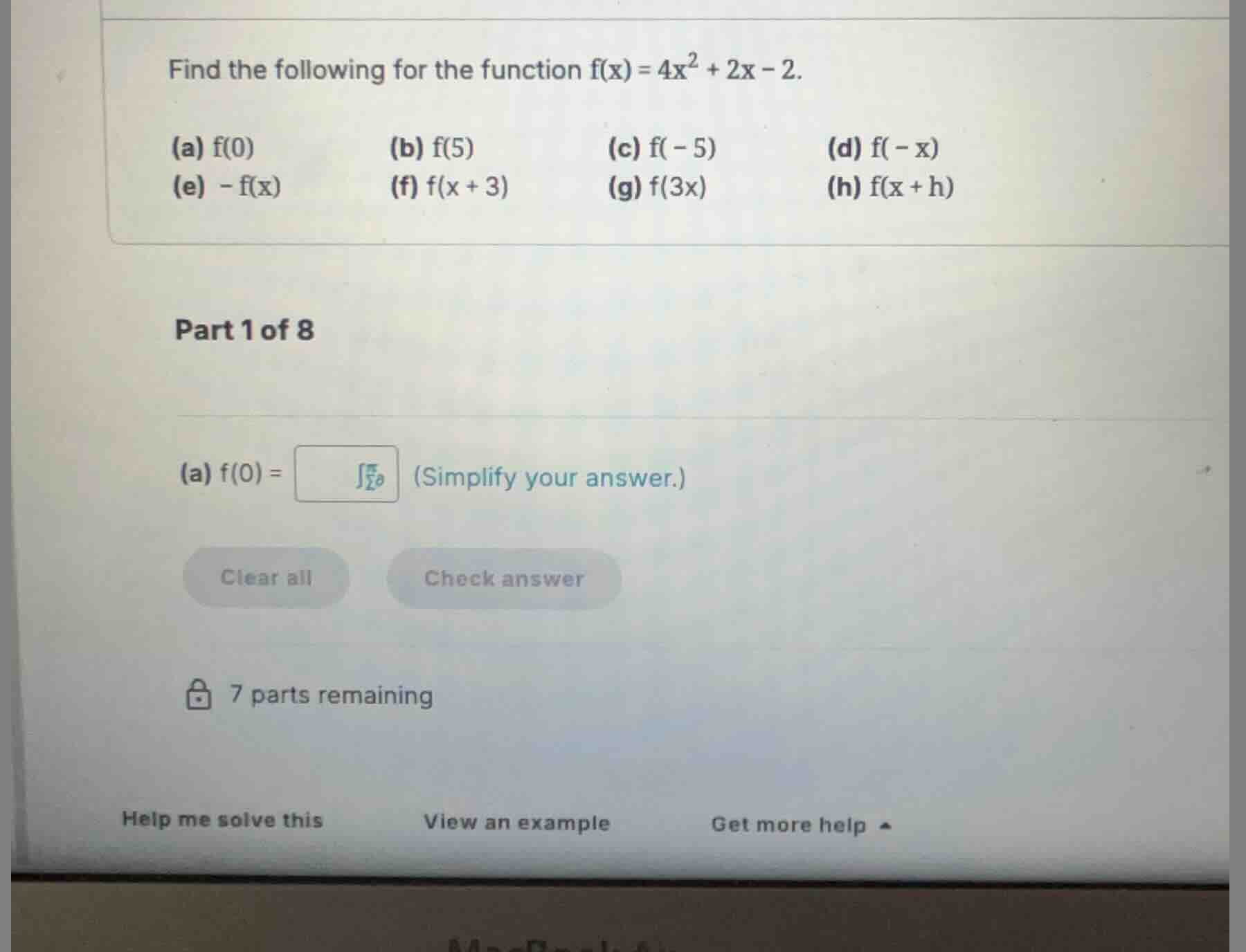 find the following for the function \\(f(x) = 4x^2 + 2x - 2\\). (a) \\(…