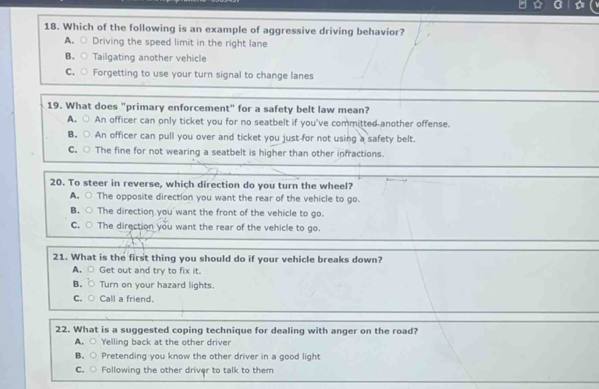 18. which of the following is an example of aggressive driving behavior…