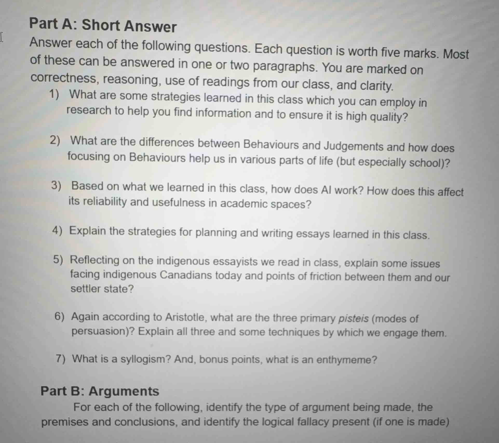 part a: short answer answer each of the following questions. each quest…
