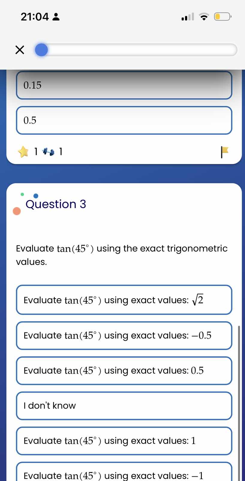 question 3 evaluate \\(\\tan(45^{\\circ})\\) using the exact trigonomet…