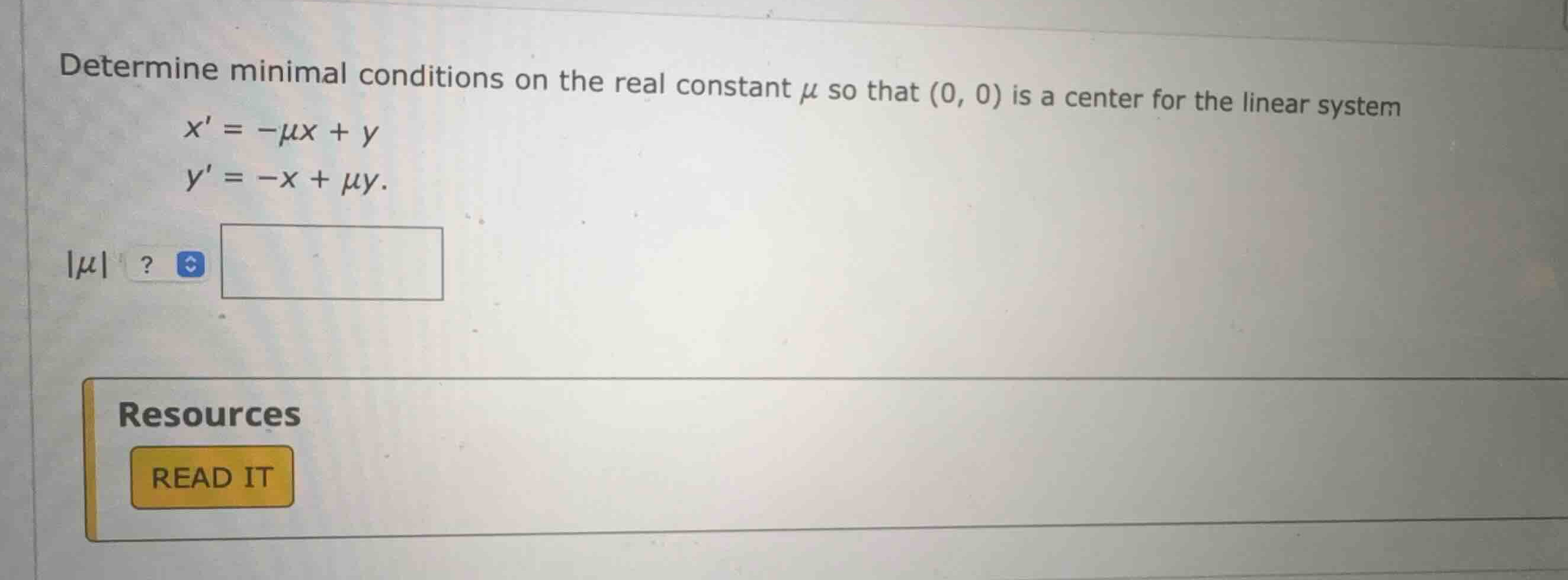 determine minimal conditions on the real constant \\(\\mu\\) so that \\…