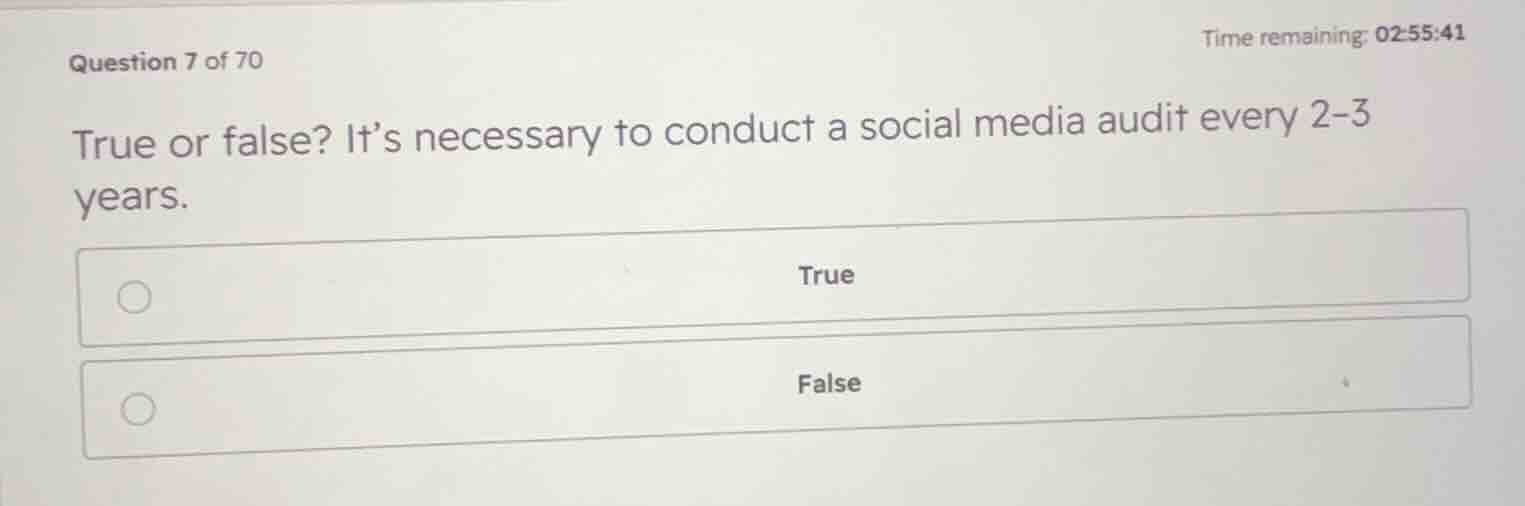 true or false? its necessary to conduct a social media audit every 2-3 …