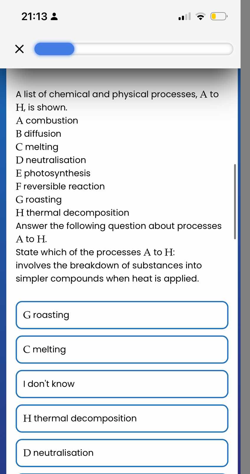 a list of chemical and physical processes, a to h, is shown. a combusti…