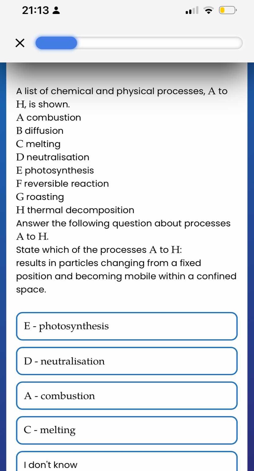 a list of chemical and physical processes, a to h, is shown. a combusti…