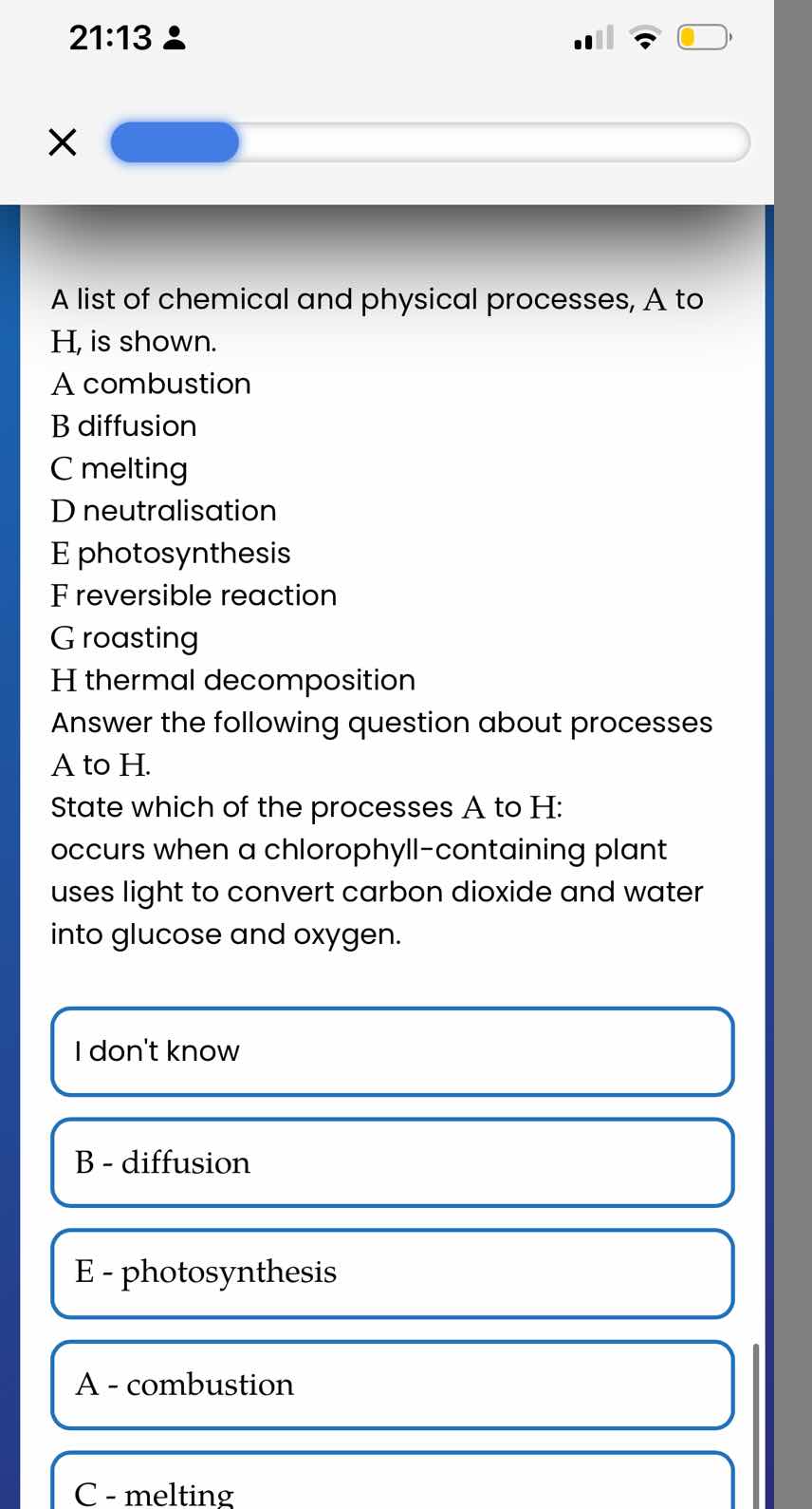a list of chemical and physical processes, a to h, is shown. a combusti…