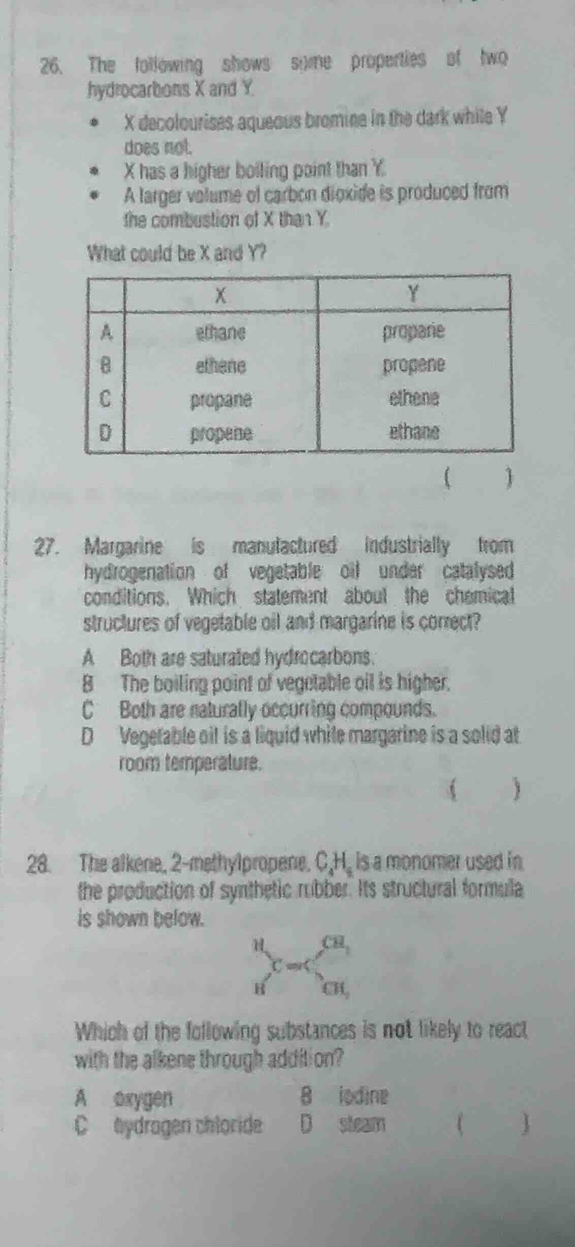 26. the following shows some properties of two hydrocarbons x and y. * …