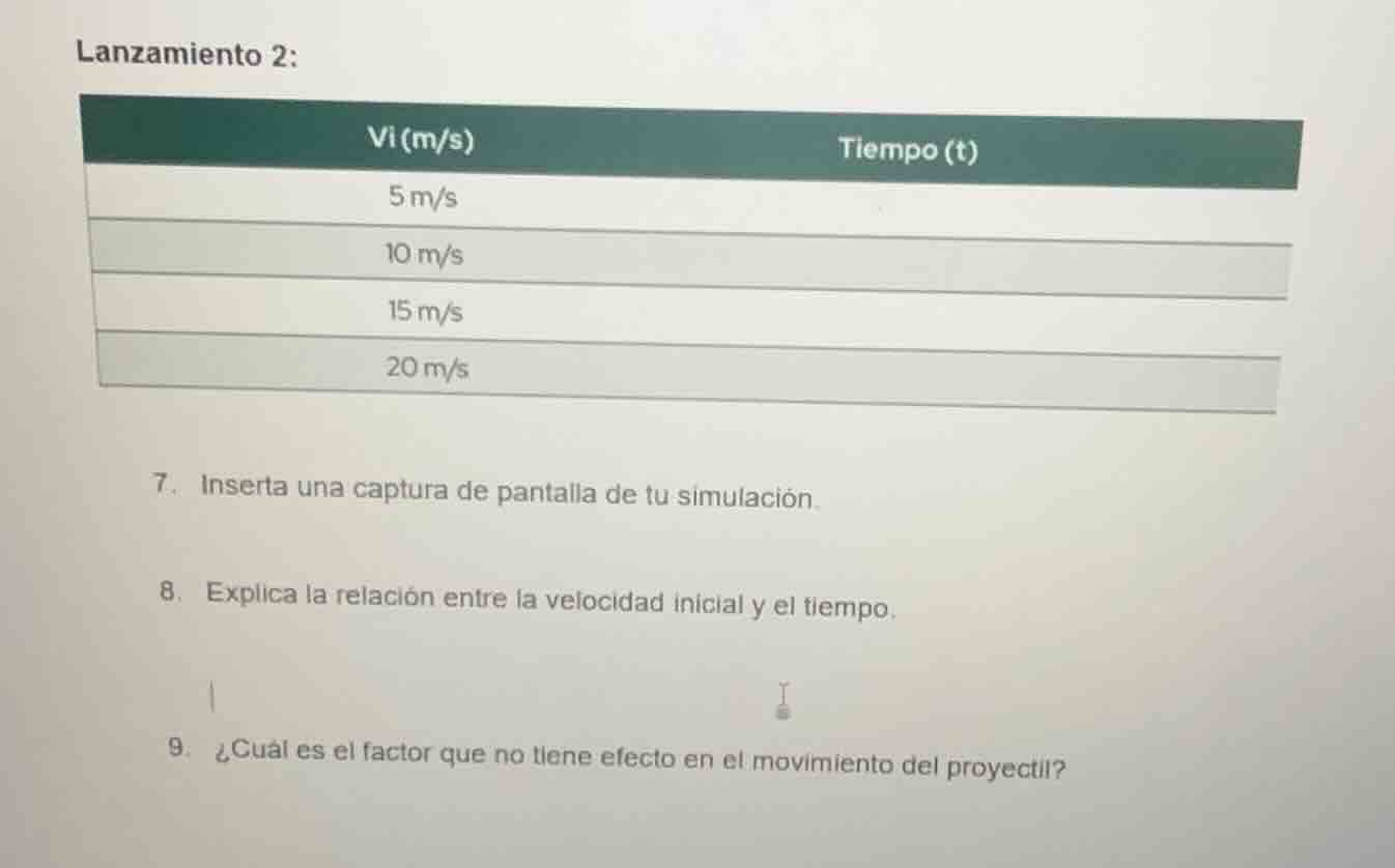 lanzamiento 2: \\begin{tabular}{|c|c|} \\hline \\text{vi (m/s)} & \\tex…