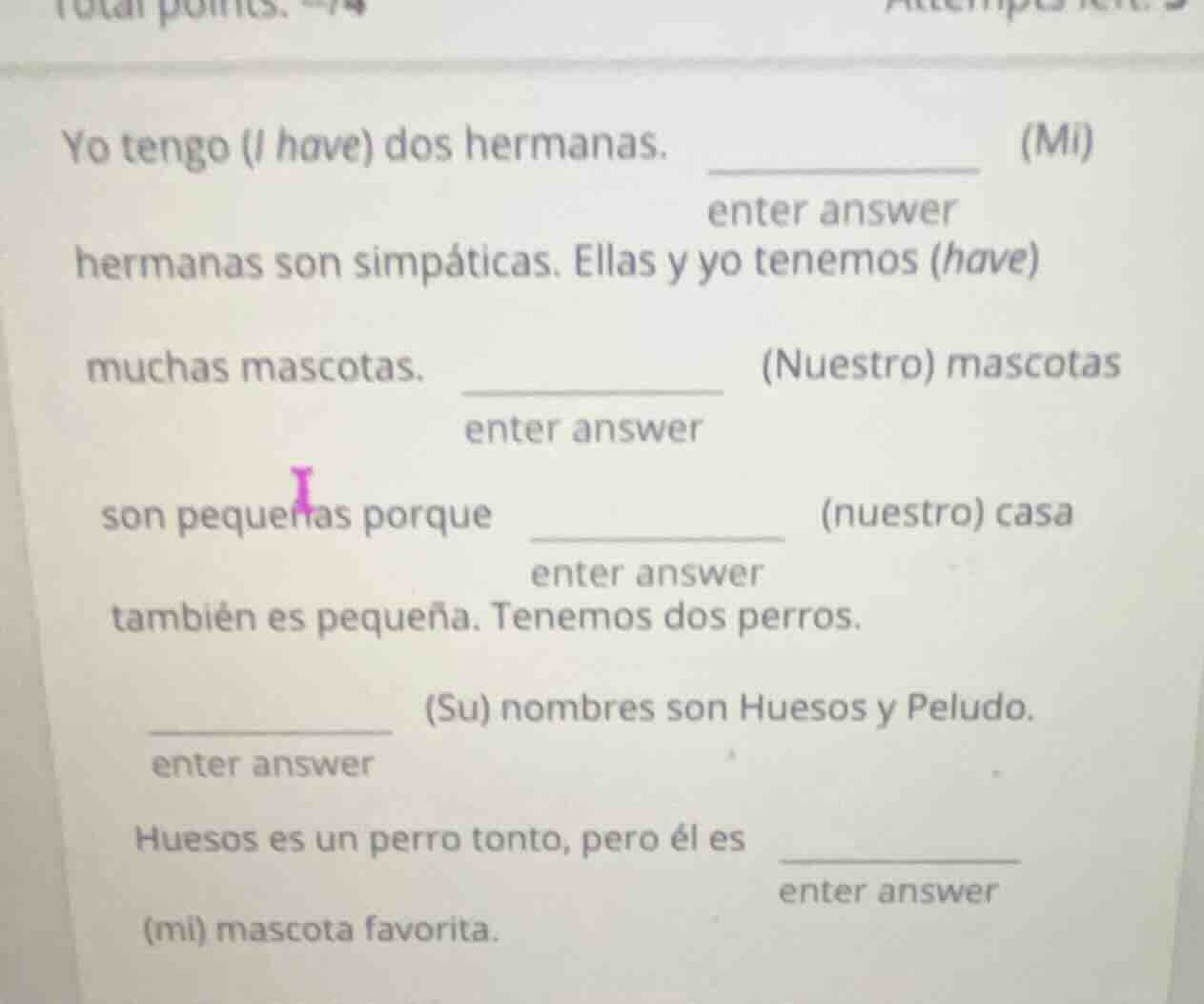 yo tengo (i have) dos hermanas. ________ (mi) hermanas son simpáticas. …