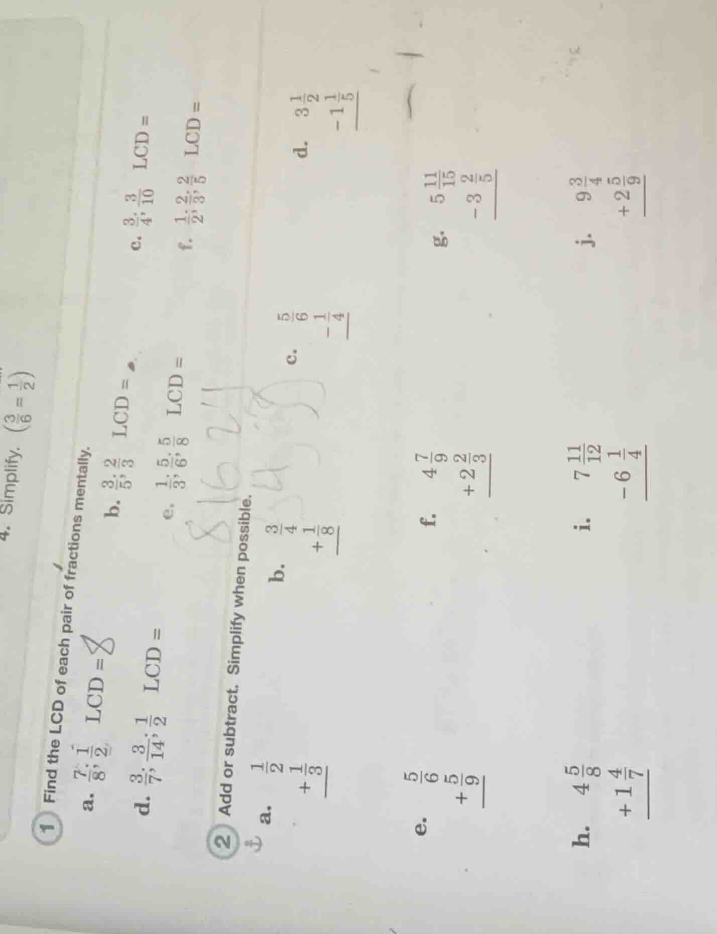 1 find the lcd of each pair of fractions mentally. a. \\(\\frac{7}{8}, …